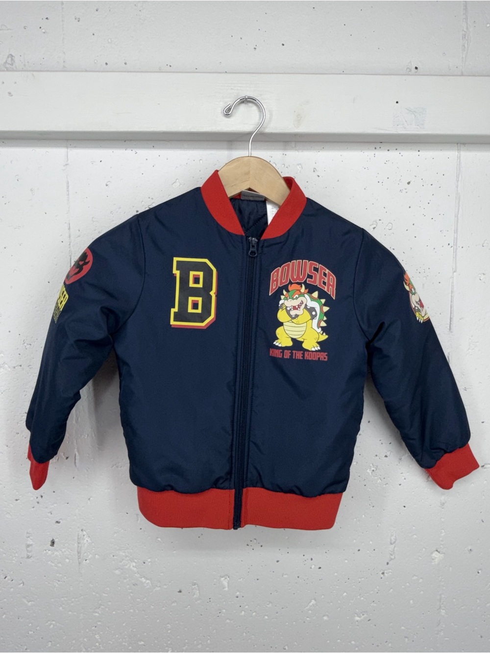 Super Mario Kids size 6/7 Bowser Blue Red Zip Up Quilted Mid Weight Jacket